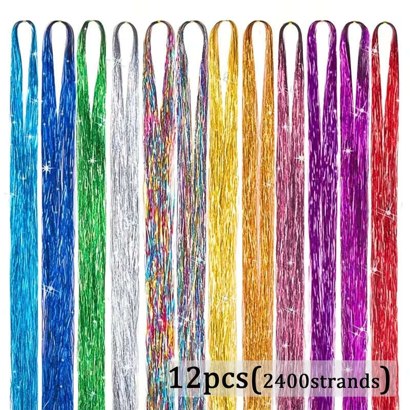 12-Pcs 2400 Hair Tinsel Kit in 20 Colors, Glitter Tinsel Hair Extensions